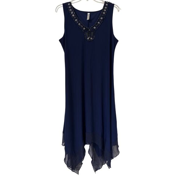 PerSeption Concept, Large, Embellished Navy Blue Asymmetrical, Sheer Hem Dress - Picture 1 of 6
